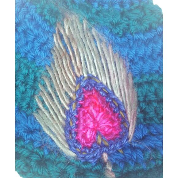 NEW Crochet Peacock Feather Hat Hand Crafted Green Blue Pink Colors Warm Beanie - Picture 10 of 12